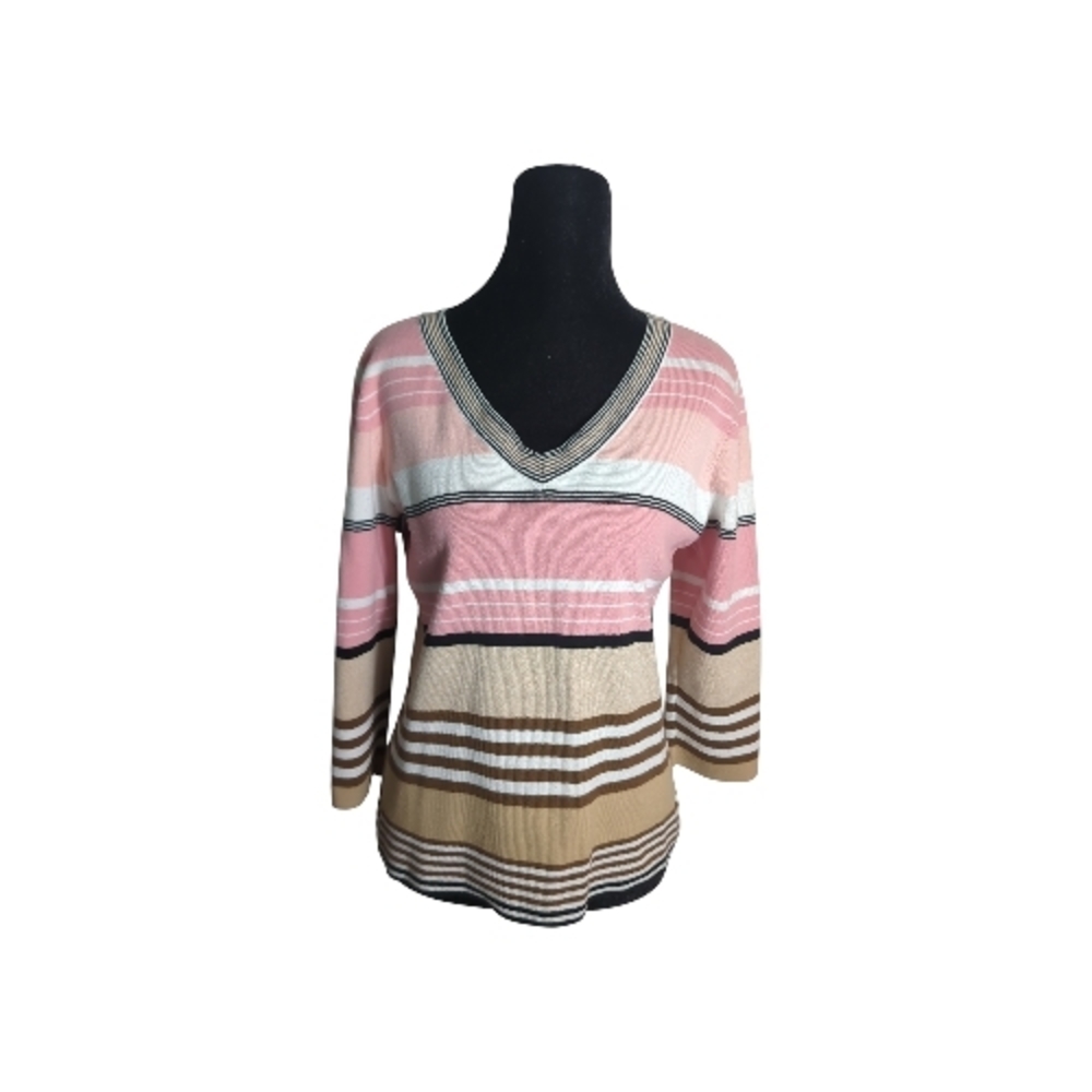 Emma James Med Striped V-Neck Knit Sweater in Pink Cream and Tan Preppy Coastal